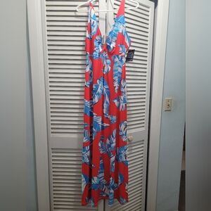 Red and blue palm leaf print maxi dress